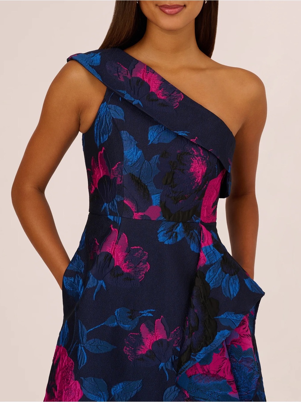 Adrianna Papell One Shoulder Floral Jacquard Gown In Navy Orchid NWT Size 4 - Picture 4 of 12